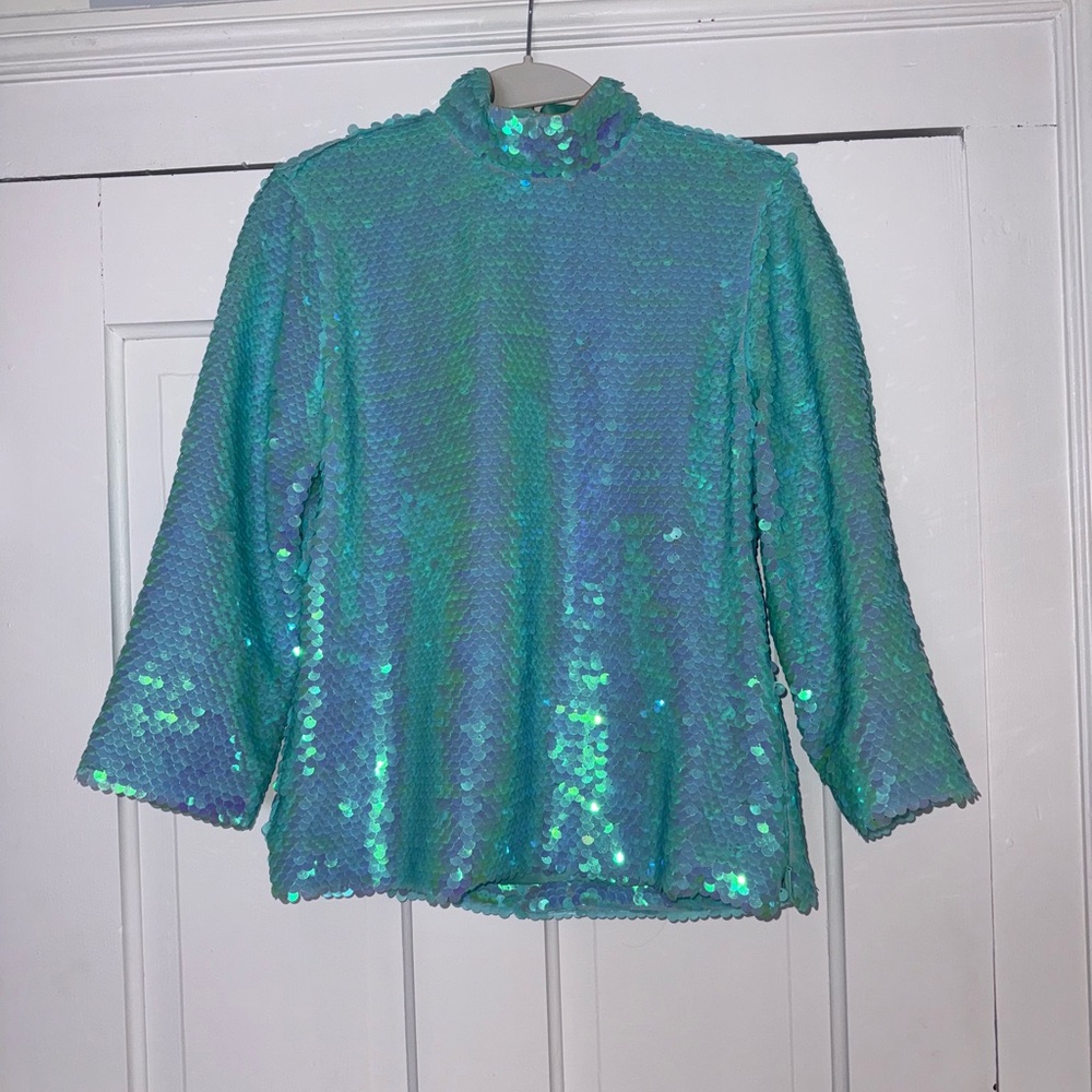 Milly Iridescent Sequin Top in Aqua